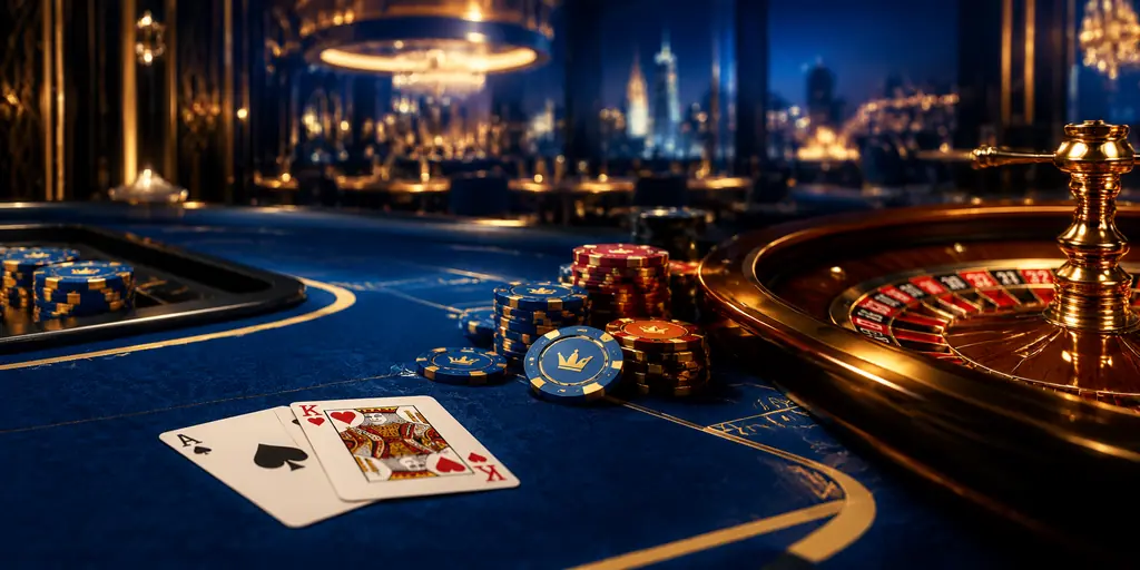 Suasana casino 666ii dengan kartu, roulette, dan chip